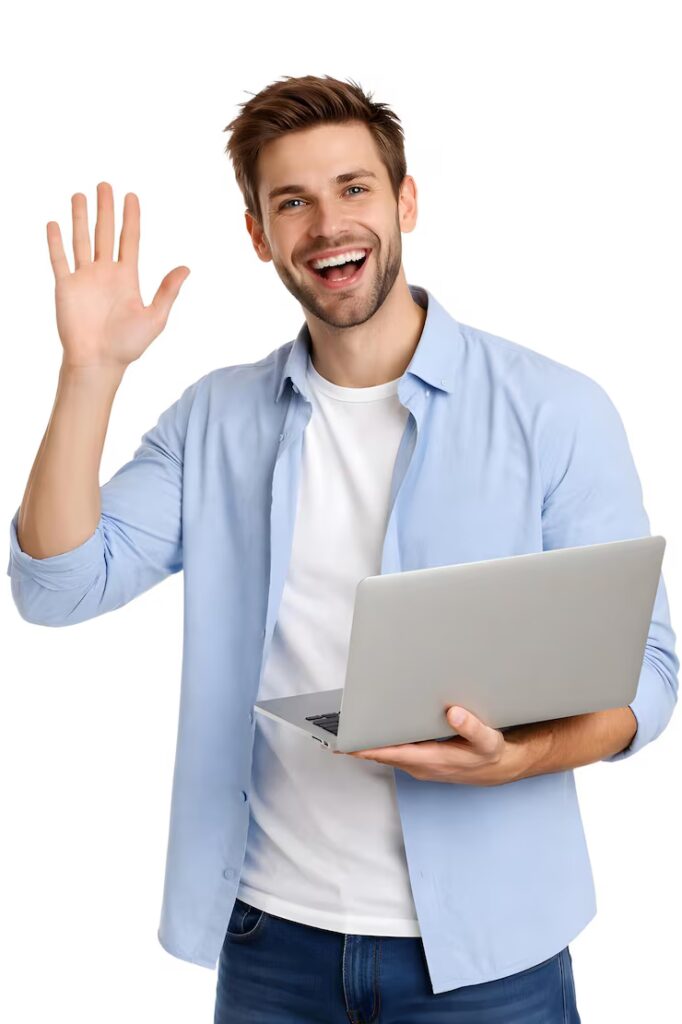 happy young man waving holding laptop