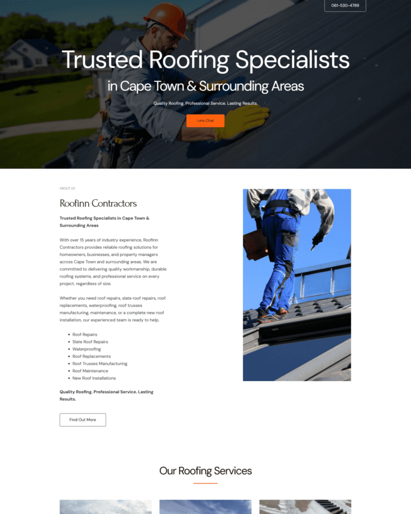 Roofing contractor website design Cape Town created by Joseph IT for Roofinn Contractors